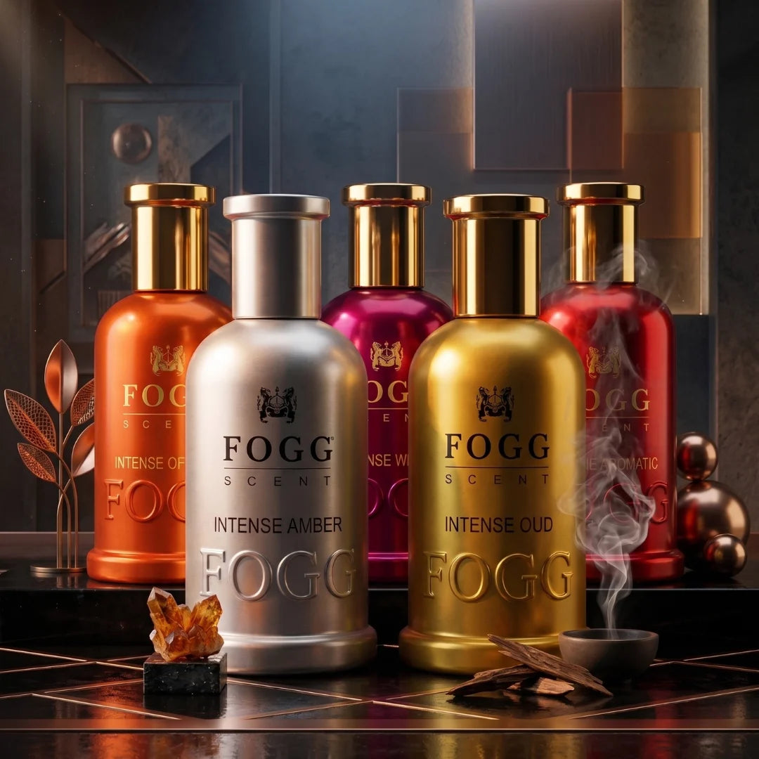 Fogg Intense Oriental Eau de Parfum spray for men featuring aromatic oud, wood, and amber notes in a 100ml bottle.