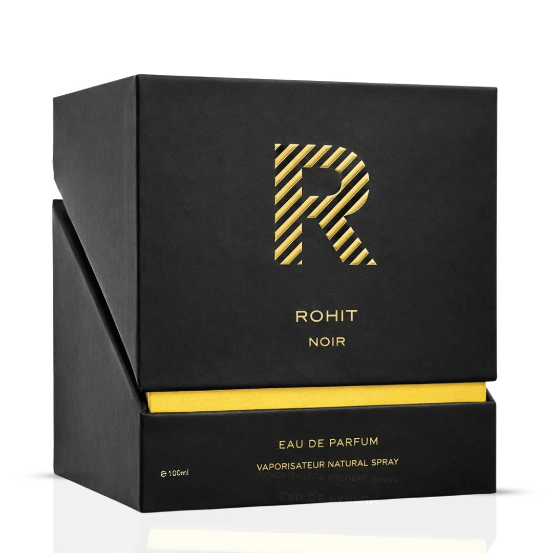 Rohit Noir Eau de Parfum Spray by Bharara, 100ml bottle with sleek black packaging and elegant design.