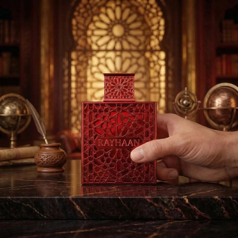 Rayhaan Crimson Eau de Parfum Spray 100ml, featuring a sleek bottle with a crimson-colored cap and elegant design.