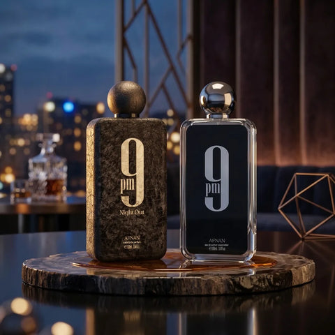 Afnan 9PM Eau de Parfum and Night Out Extrait De Parfum spray bottles, 100ml bundle, with sleek perfume packaging.