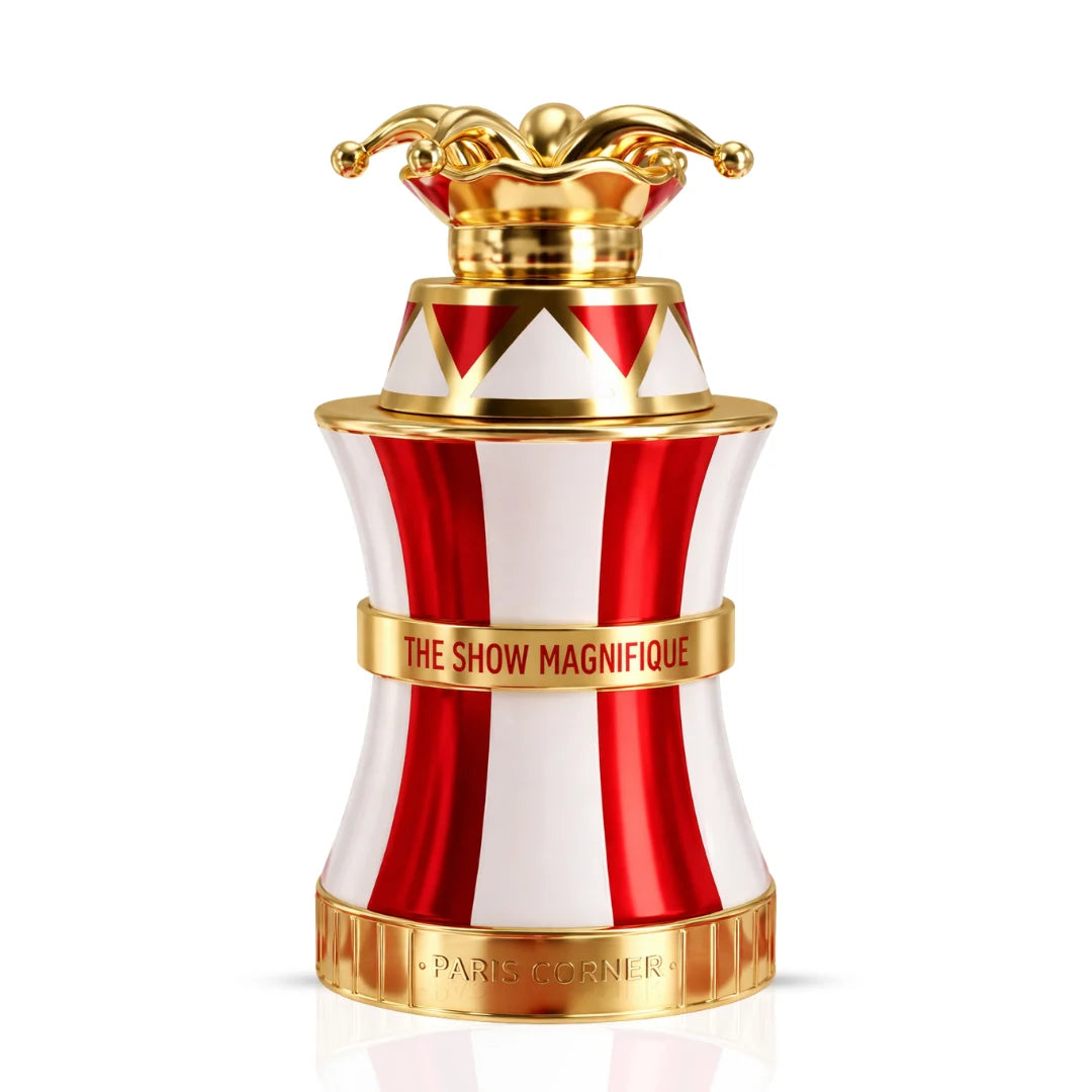 Paris Corner The Show Magnifique Eau De Parfum spray, 100ml, elegant glass bottle with floral and fruity fragrance details visible.
