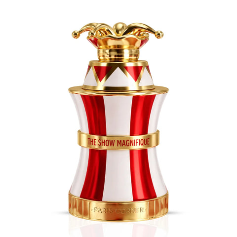 Paris Corner The Show Magnifique Eau De Parfum spray, 100ml, elegant glass bottle with floral and fruity fragrance details visible.