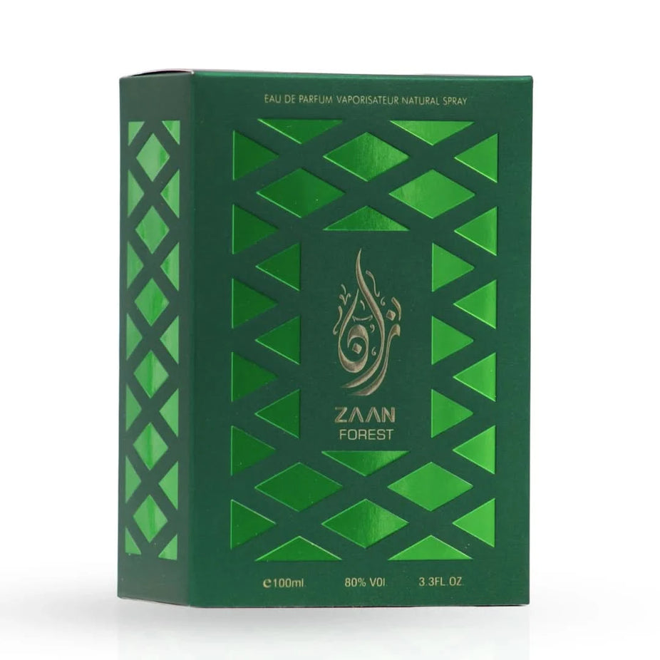Aura by Aura Zaan Forest Eau De Parfum Spray 100ml, elegant glass bottle with a lush forest-themed design.