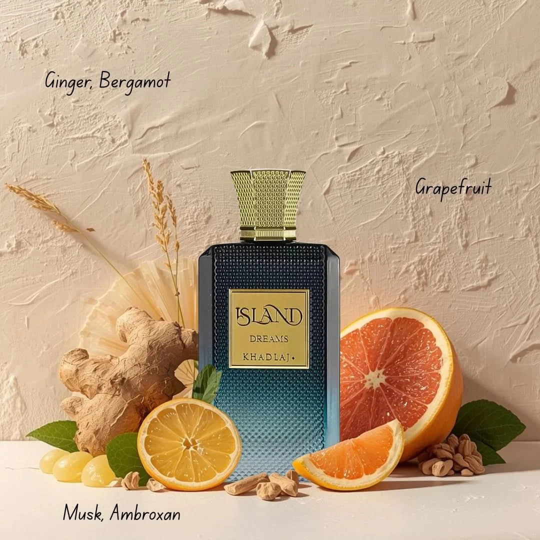Khadlaj Island Dreams and Vanilla Dunes Eau de Parfum sprays in 100ml bundle, featuring elegant bottles with island-inspired labels.