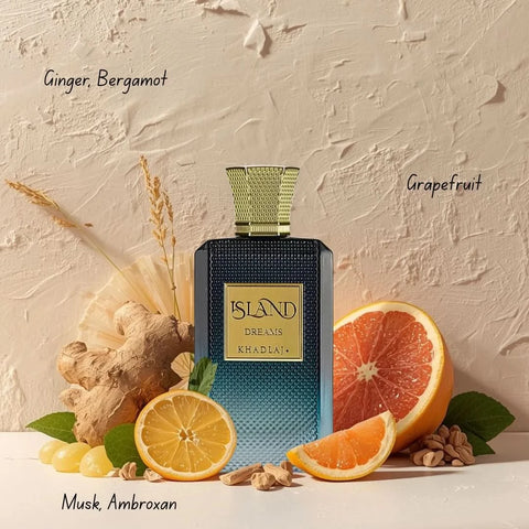 Khadlaj Island Dreams and Vanilla Dunes Eau de Parfum sprays in 100ml bundle, featuring elegant bottles with island-inspired labels.