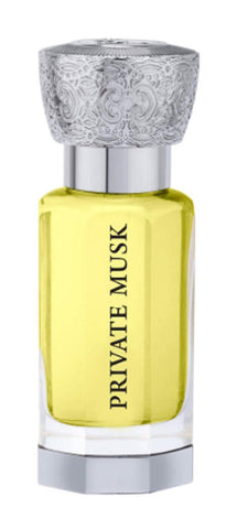 Swiss Arabian Private Musk perfume oil in a 12ml bottle with velvet pouch, featuring a sleek design and elegant packaging.