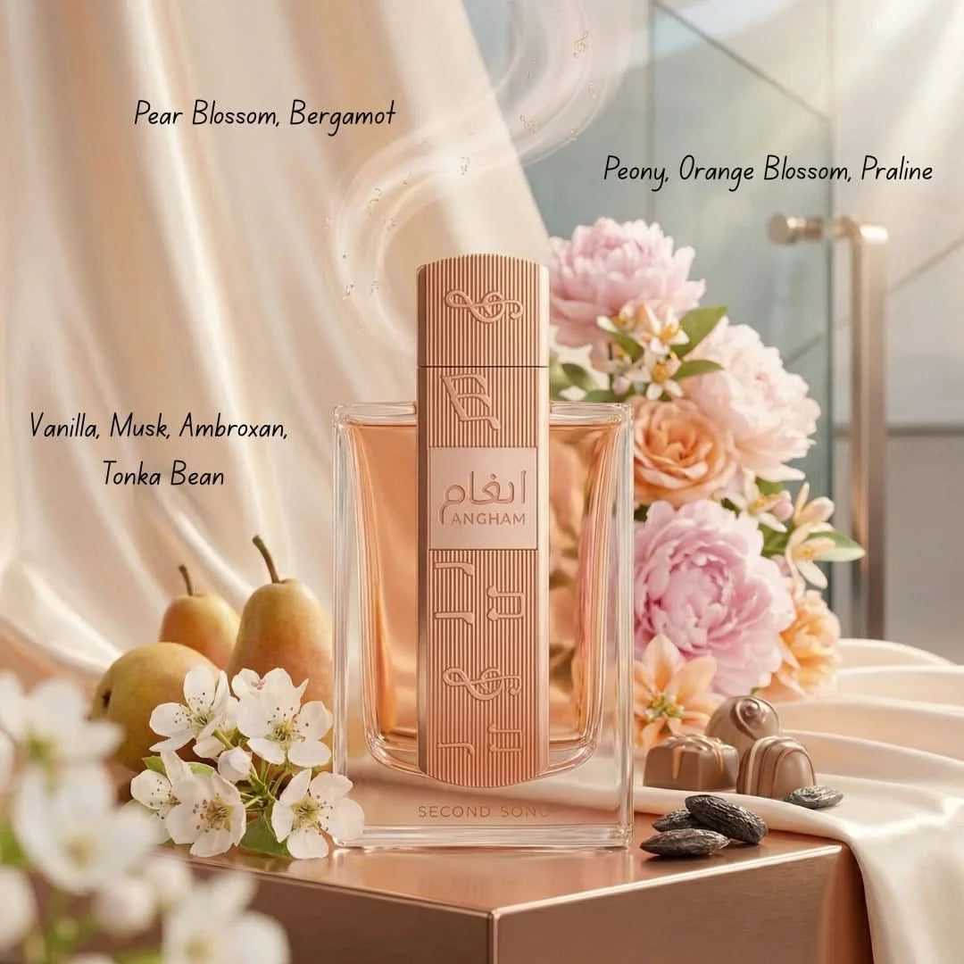 Lattafa Angham Second Song Eau De Parfum spray 100ml display with elegant bottle and floral design.