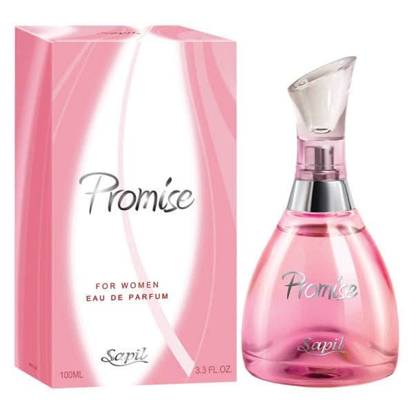 Sapil Promise for Women EDP 100ml in a velvet pouch, featuring a sleek perfume bottle with delicate design details.