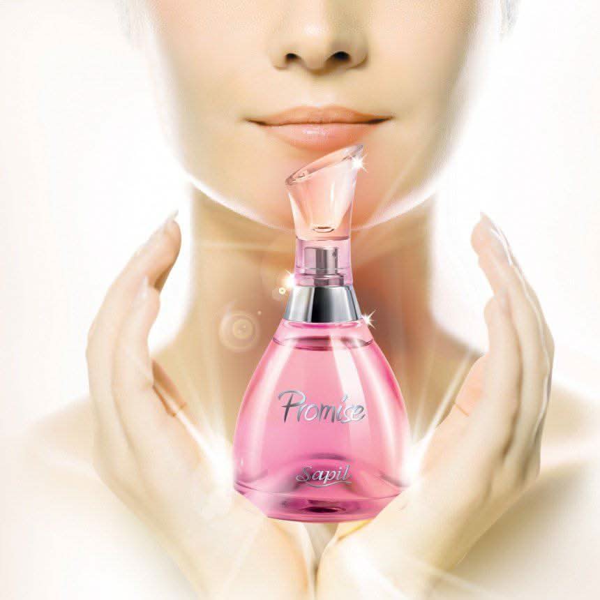 Sapil Promise for Women EDP 100ML bottle with velvet pouch, featuring elegant glass perfume bottle and soft velvet fabric pouch.