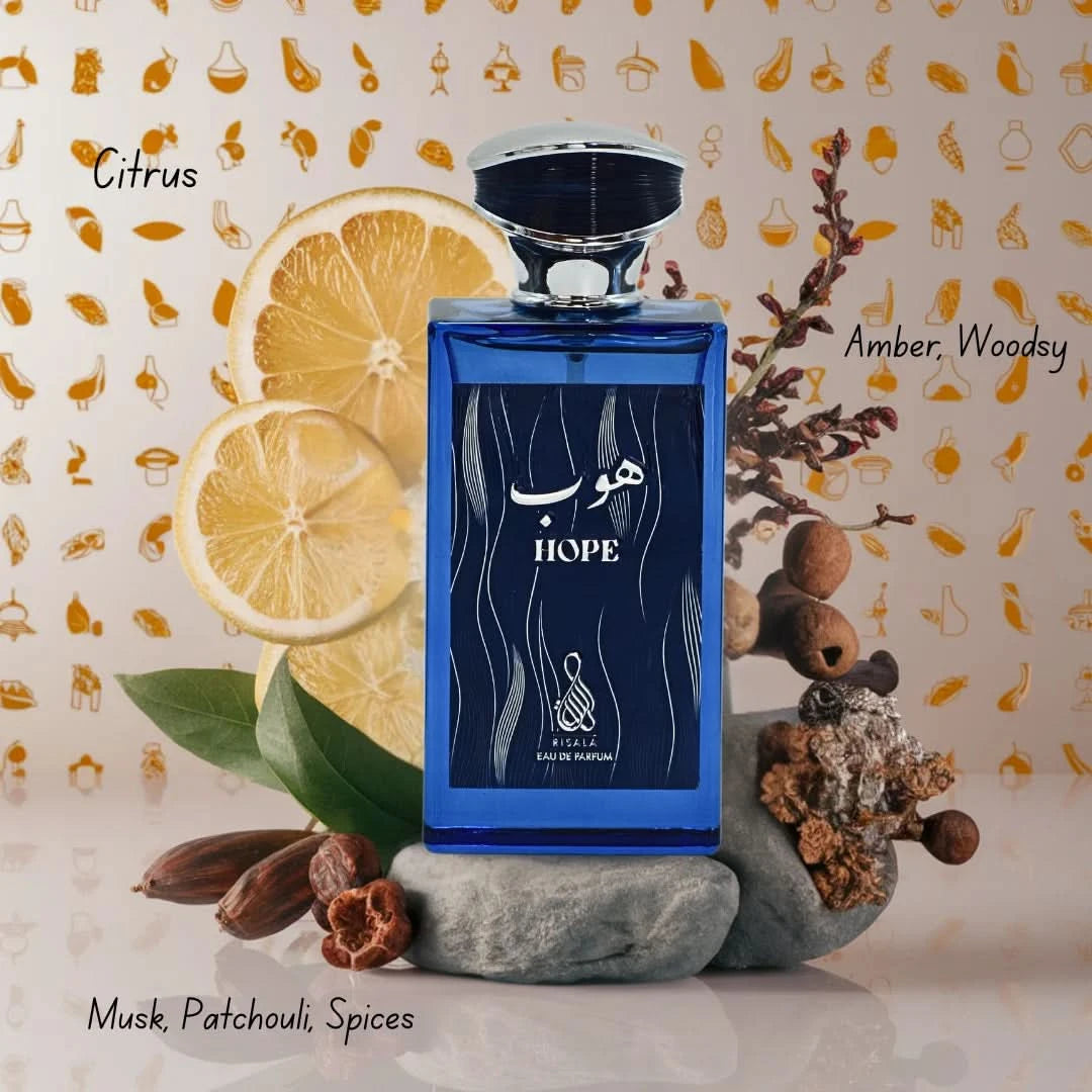 RISALA Hope Eau De Parfum spray and perfumed body spray bundle, 100ml and 200ml bottles, elegant packaging.