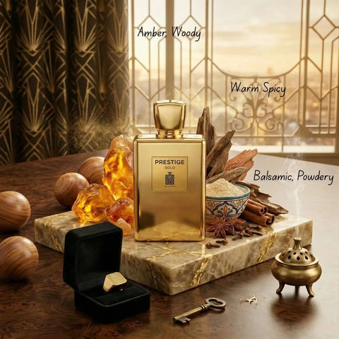Aura Fragrances Prestige Gold Eau De Parfum Spray 100ml bottle, luxurious gold packaging and elegant design.