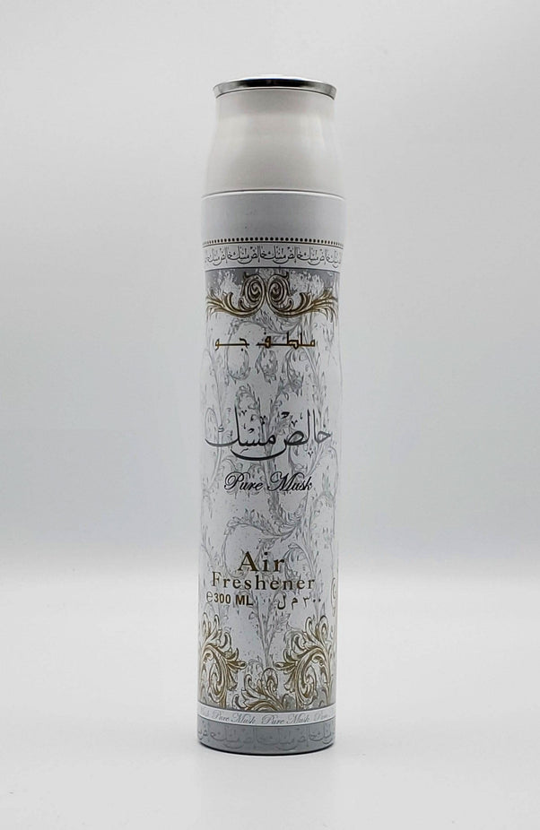 Lattafa Pure Musk air freshener spray bottle, 300ML, with a sleek design and label displaying the Pure Musk scent.