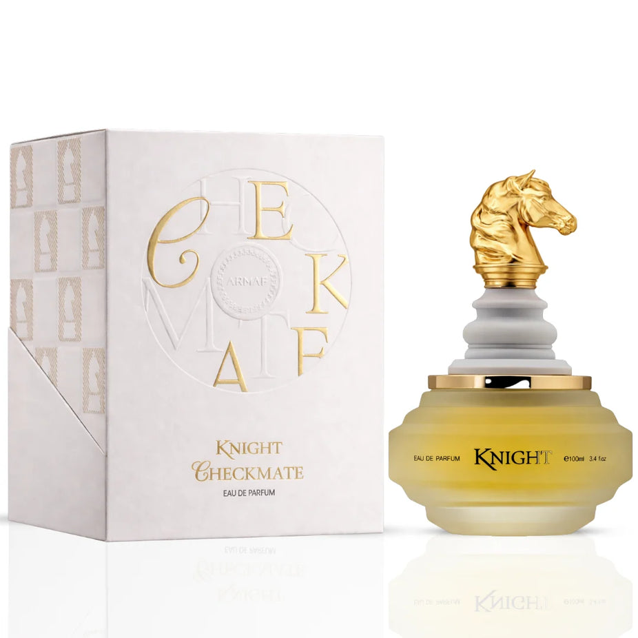 Checkmate White Knight Eau de Parfum spray by Armaf, 100ml, featuring a sleek white bottle with elegant branding.