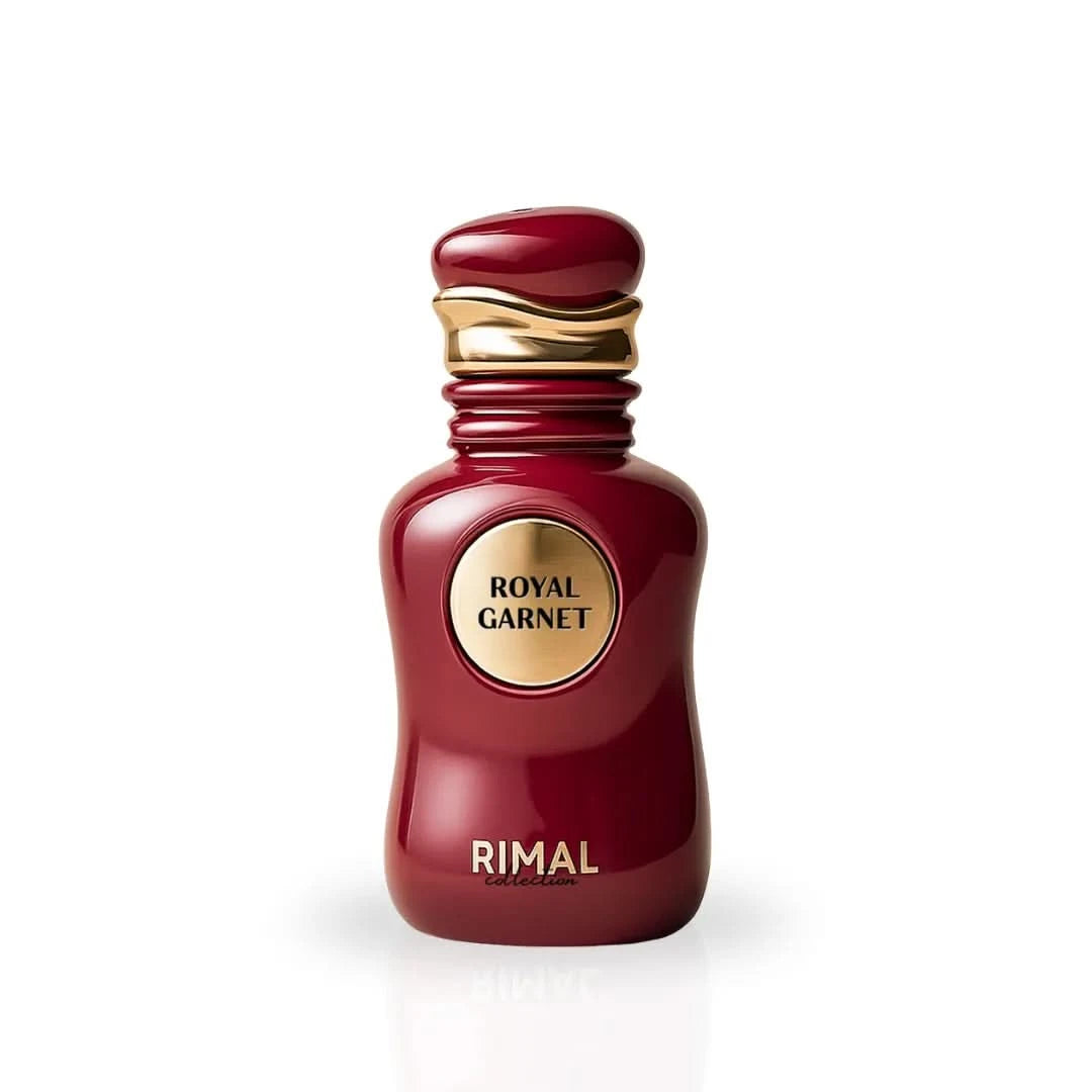 Royal Garnet Eau de Parfum spray by Rimal Collection, 100ml bottle, elegant glass with a deep red liquid scent presentation.