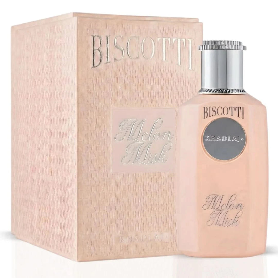 Khadlaj Biscotti Melon Misk, Date Toffee & Caramel Pop Eau de Parfum bundle in 100ml bottles, featuring stylish packaging.