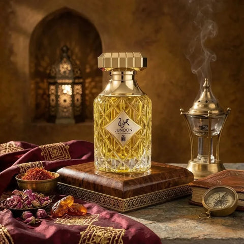 Junoon Desire Eau De Parfum spray bottle by Aura Fragrances, 100ml (3.4 oz), elegant perfume packaging and design.
