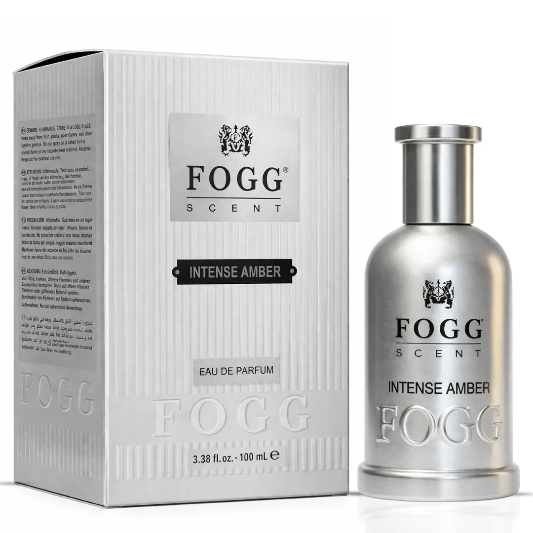 Fogg Intense Oriental men's Eau de Parfum spray bottle, featuring aromatic oud, wood, and amber notes, 100ml.