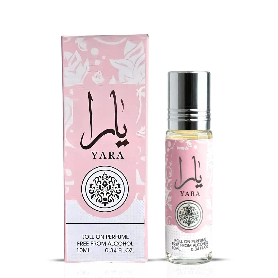 Pink Blush & Yara roll-on perfume oils by Ard Al Zaafaran and Choco Musk Marshmallow oil by Al Rehab in a bundle, featuring elegant perfume bottles.