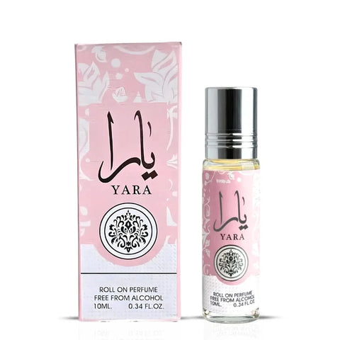 Pink Blush & Yara roll-on perfume oils by Ard Al Zaafaran and Choco Musk Marshmallow oil by Al Rehab in a bundle, featuring elegant perfume bottles.