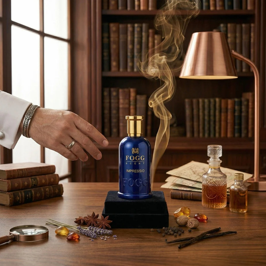 Fogg Impressio for Men Eau de Parfum spray 100ml, featuring sleek bottle design and masculine fragrance.