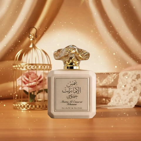 Ard Al Zaafaran Shams Al Emarat Khususi Eau de Parfum spray 100ml with velvet pouch, showcasing the elegant perfume bottle and packaging.