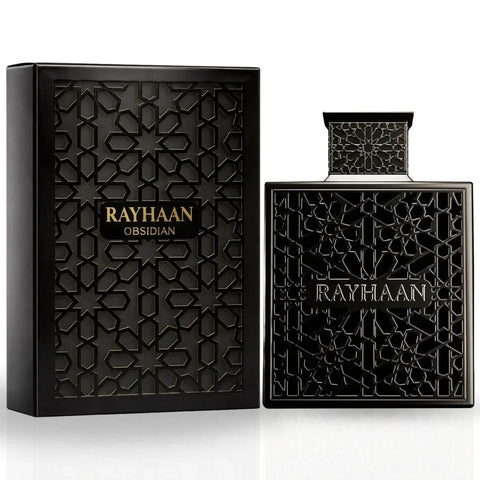 Rayhaan Obsidian and Rayhaan Tiger Eau de Parfum Spray bundle, 100ml each, featuring luxurious fragrance bottles by Rayhaan.