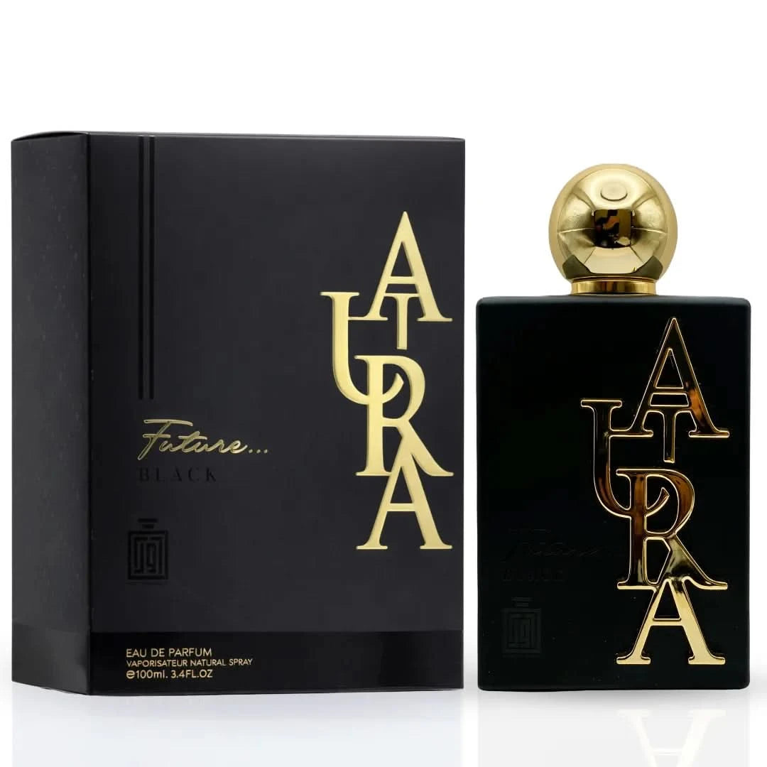 Aura Fragrances Future Black Eau De Parfum spray 100ml bottle with sleek black packaging.