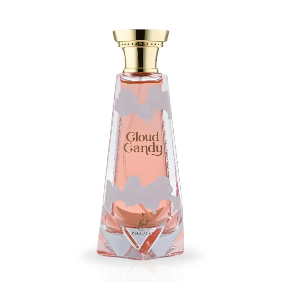 Khadlaj Cloud Candy Eau de Parfum spray 100ml bottle, elegant design with floral and sweet fragrance notes, on a neutral background.