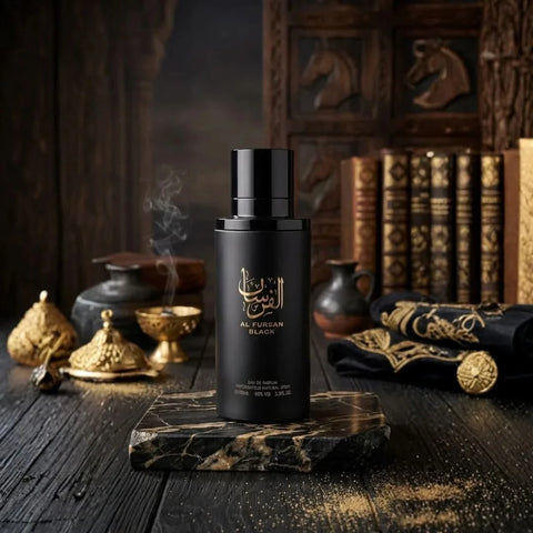 Aura Fragrances Al Fursan Black Eau De Parfum Spray 100ml bottle, sleek black packaging, elegant and stylish design.
