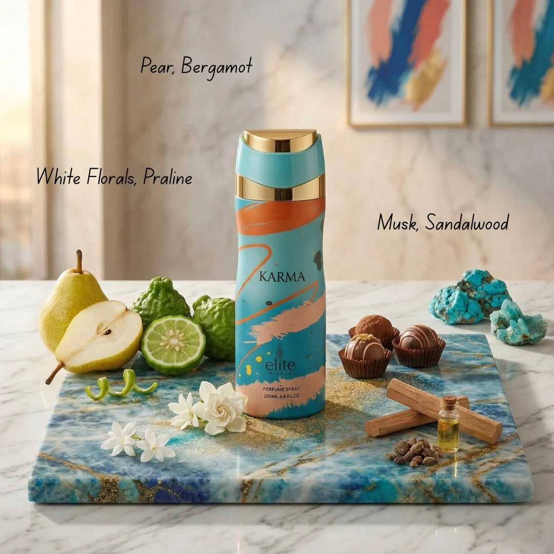 Elite Risala Karma Body Spray 200ml deodorant bottle with sleek design and transparent cap, showcasing the product on a plain background.