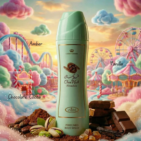 Al Rehab Choco Musk Pistachio perfumed body spray bottle with floral and chocolate design, 200ml deodorant for women