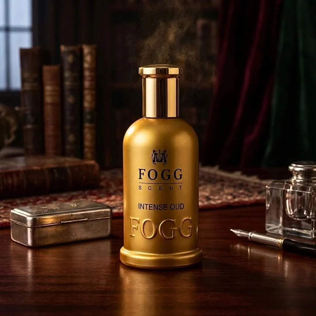 Fogg Intense Oud for Men Eau de Parfum spray 100ml, featuring dark amber and woody fragrance notes in a sleek bottle.