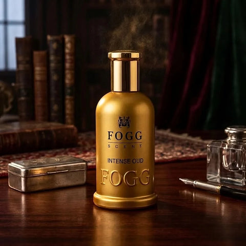 Fogg Intense Oud for Men Eau de Parfum spray 100ml, featuring dark amber and woody fragrance notes in a sleek bottle.