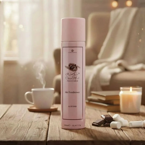 Al Rehab Choco Musk Marshmallow air freshener bottle, 300ml, with a sleek container and label featuring chocolate, musk, and marshmallow scents.