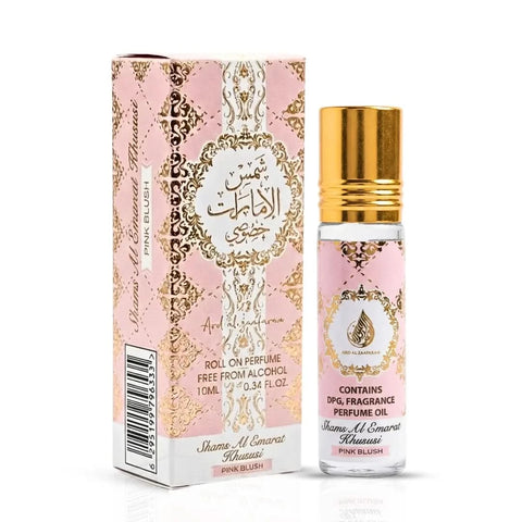 Pink Blush Shams Al Emarat Khususi roll-on perfume oil by Ard Al Zaafaran, 10ml, in a sleek pink bottle, pack of 3.