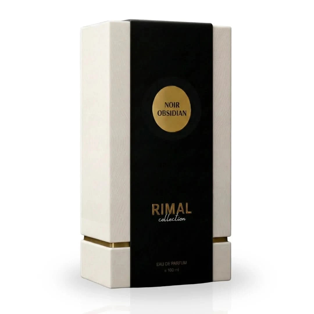 Rimal Collection Noir Obsidian Eau de Parfum spray bottle, 100ml, with sleek black design and elegant packaging.