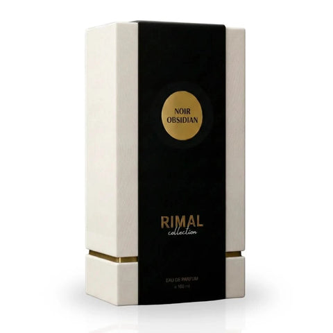 Rimal Collection Noir Obsidian Eau de Parfum spray bottle, 100ml, with sleek black design and elegant packaging.