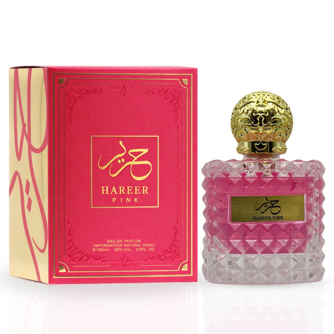 Aura Fragrances Hareer Pink Eau De Parfum collection with 100ml pink, rose, and dream scent spray bottles.