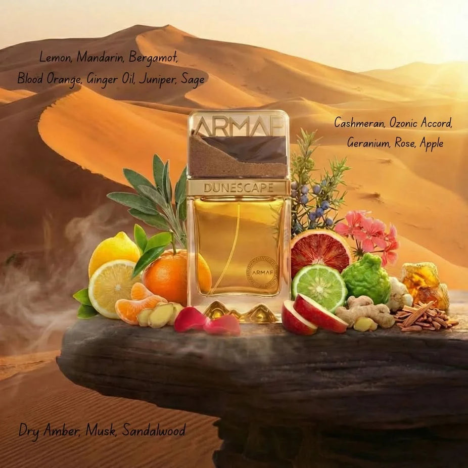 Armaf Dunescape Eau de Parfum spray 100ML bottle, sleek design with silver cap and dark glass, on a neutral background.