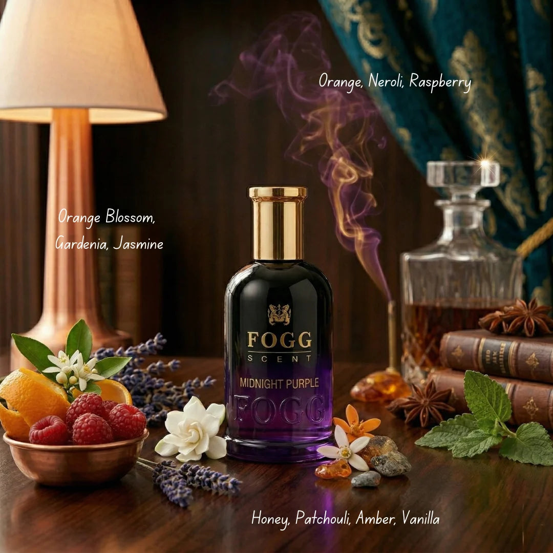 Bundle of Fogg Many Flowers & Midnight Purple Eau de Parfum sprays for women, 100ml bottles with floral and purple fragrance designs