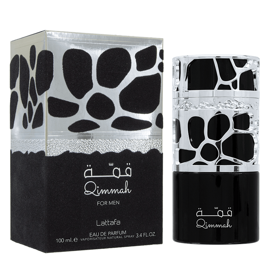 Lattafa Qimmah for Men Eau De Parfum 100ML bottle with sleek black packaging and silver accents.