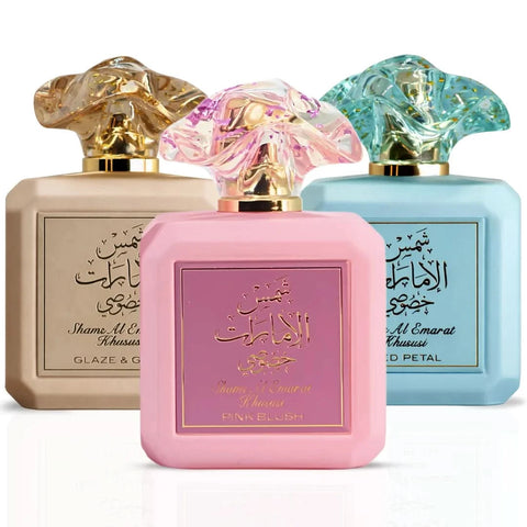Bundle of Ard Al Zaafaran Shams Al Emarat Khususi Pink Blush, Glaze & Glow, and Iced Petal Eau de Parfum sprays 100ml bottles.