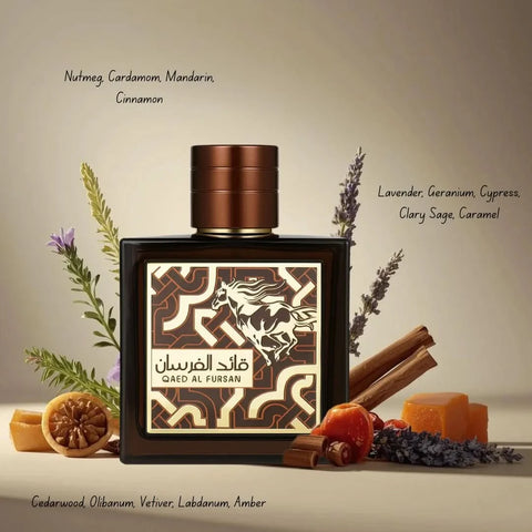 Intense Oud bundle with La Fede Aura Manga Splash and Qaed Al Fursan Untamed Eau de Parfum sprays, featuring stylish perfume bottles.