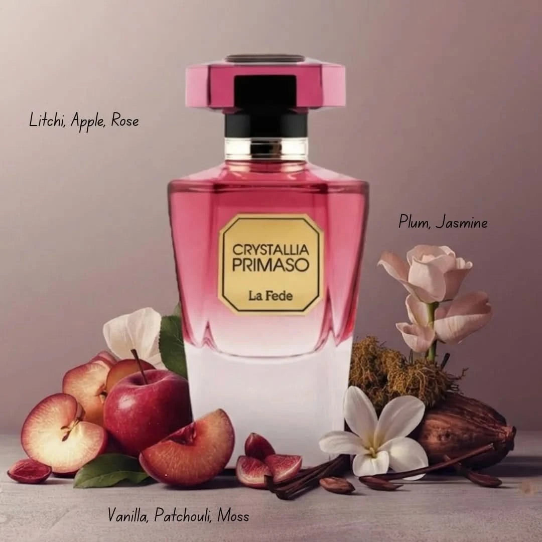 Khadlaj La Fede Crystallia Imperio & Primaso Eau de Parfum Spray bundle, 100ml each, showcasing elegant perfume bottles.