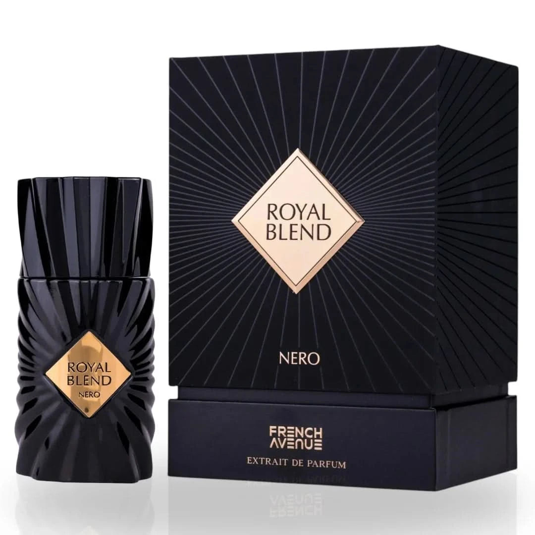 French Avenue Royal Blend Nero Extrait de Parfum Spray 100ml, elegant black bottle with gold accents.