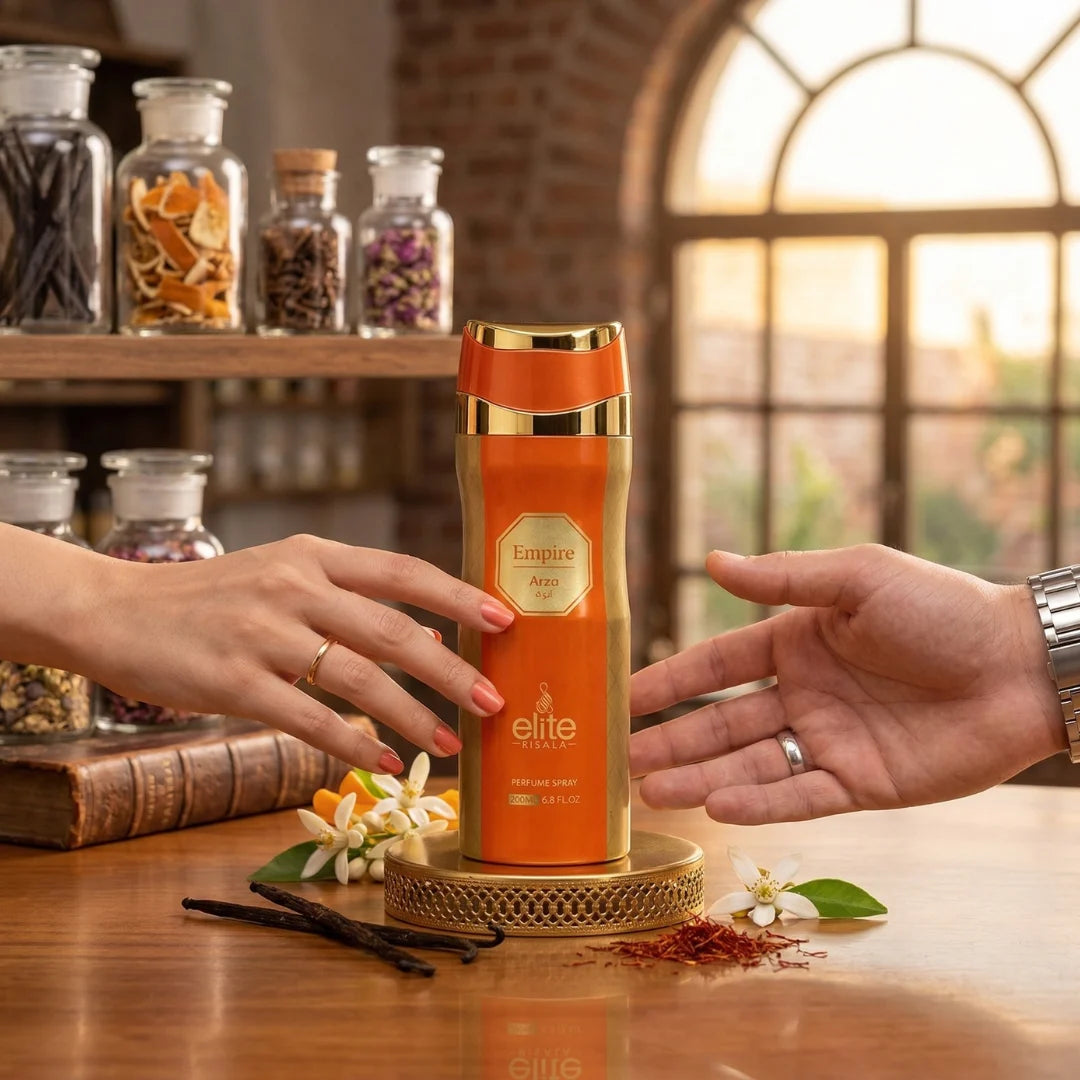 RISALA Empire Arza perfumed body spray in 200ml bottle, a stylish deodorant with a fresh, floral fragrance and elegant design.