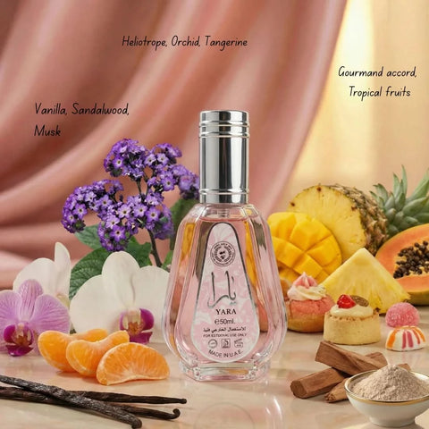 Bundle of Ard Al Zaafaran Yara Eau de Parfum spray and Pink Blush Khususi roll-on perfume oil, with elegant bottles and packaging.