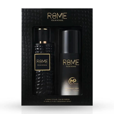 Rome Pour Homme by Mast Perfume gift set featuring two bottles of men's fragrance and grooming products in elegant packaging