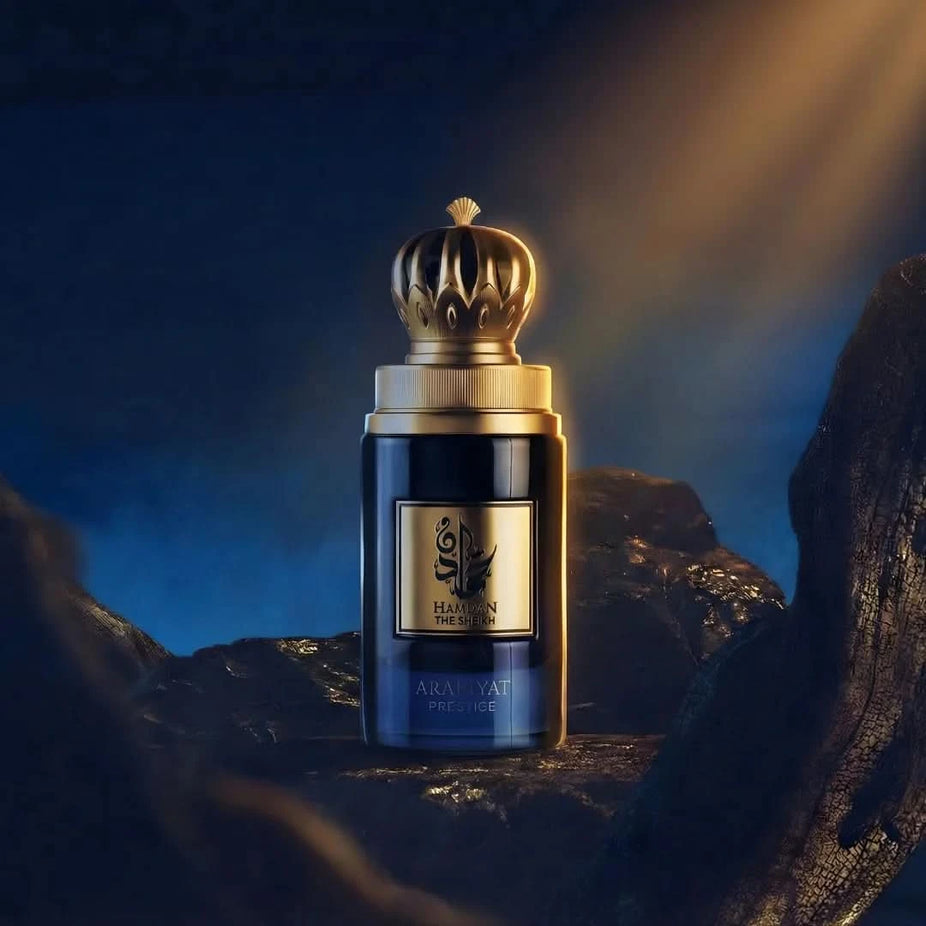 Arabiyat Prestige Hamdan The Sheikh Eau de Parfum spray 75ml, featuring elegant fragrance bottle with intricate design.