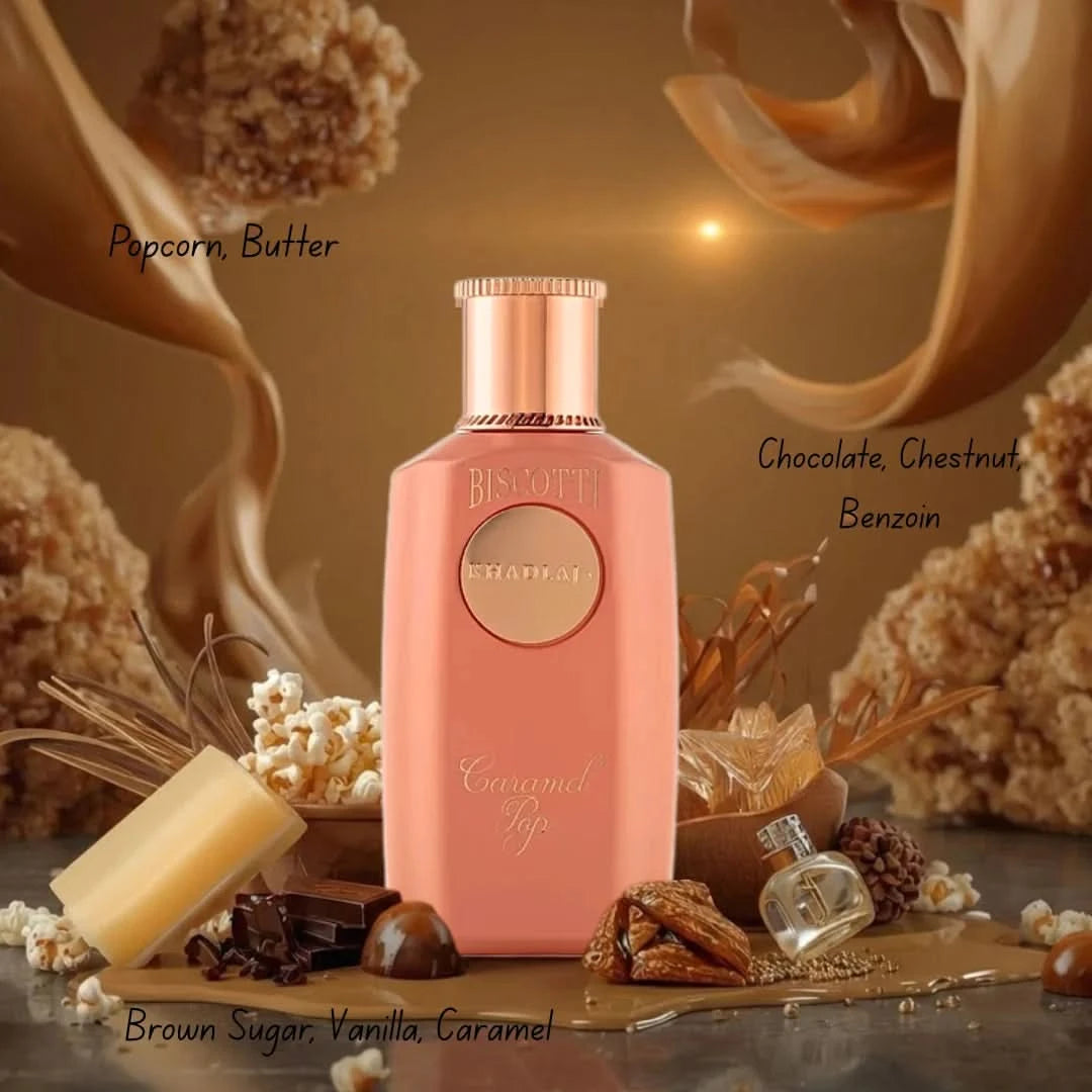 Khadlaj Biscotti Melon Misk, Date Toffee & Caramel Pop Eau de Parfum Spray bundle, 100ml, featuring three luxurious fragrance bottles.